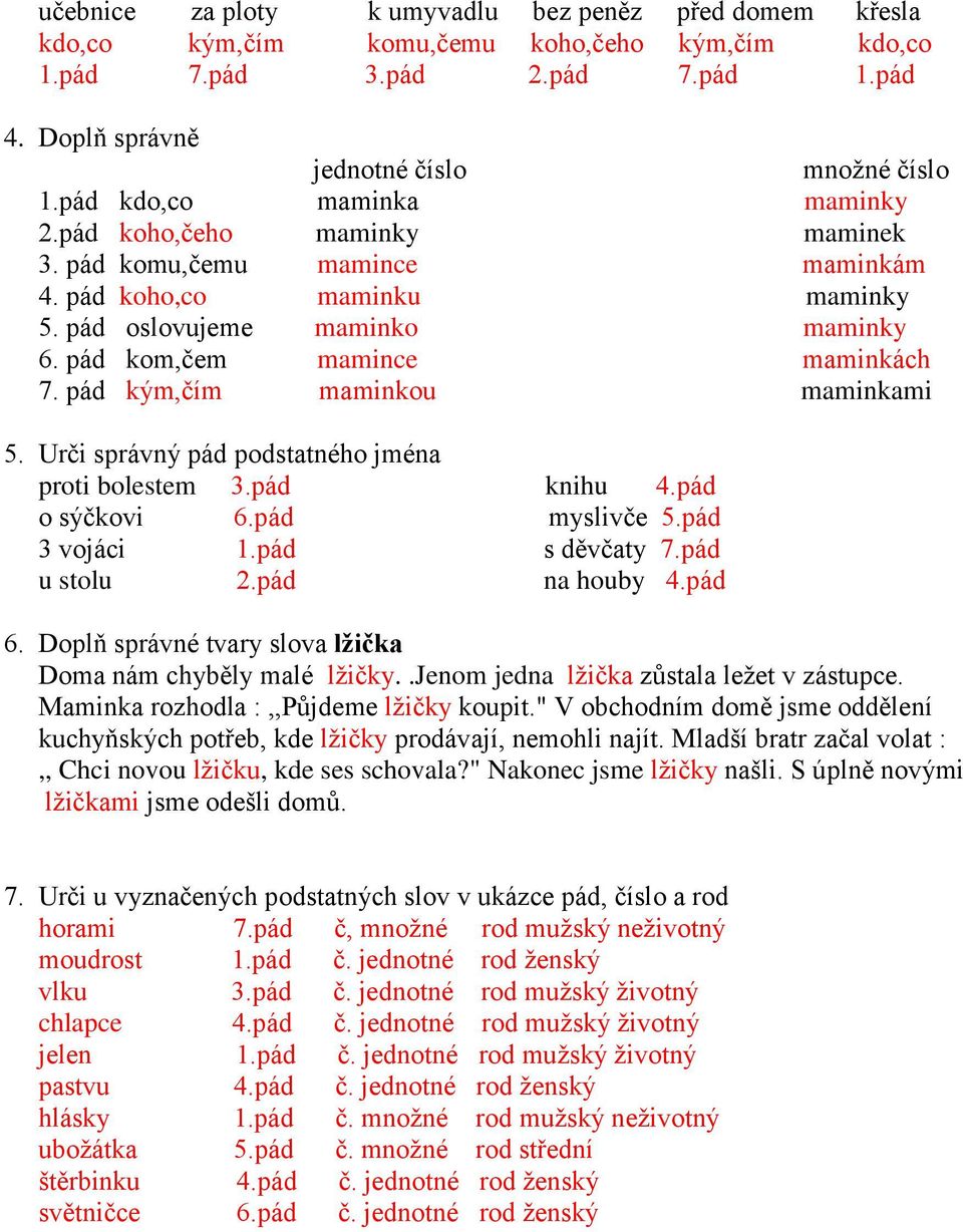 pád kým,čím maminkou maminkami 5. Urči správný pád podstatného jména proti bolestem 3.pád knihu 4.pád o sýčkovi 6.pád myslivče 5.pád 3 vojáci 1.pád s děvčaty 7.pád u stolu 2.pád na houby 4.pád 6.