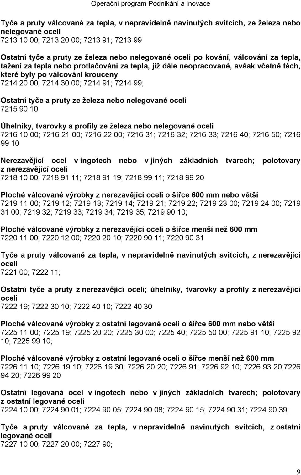 tyče a pruty ze železa nebo nelegované oceli 7215 90 10 Úhelníky, tvarovky a profily ze železa nebo nelegované oceli 7216 10 00; 7216 21 00; 7216 22 00; 7216 31; 7216 32; 7216 33; 7216 40; 7216 50;