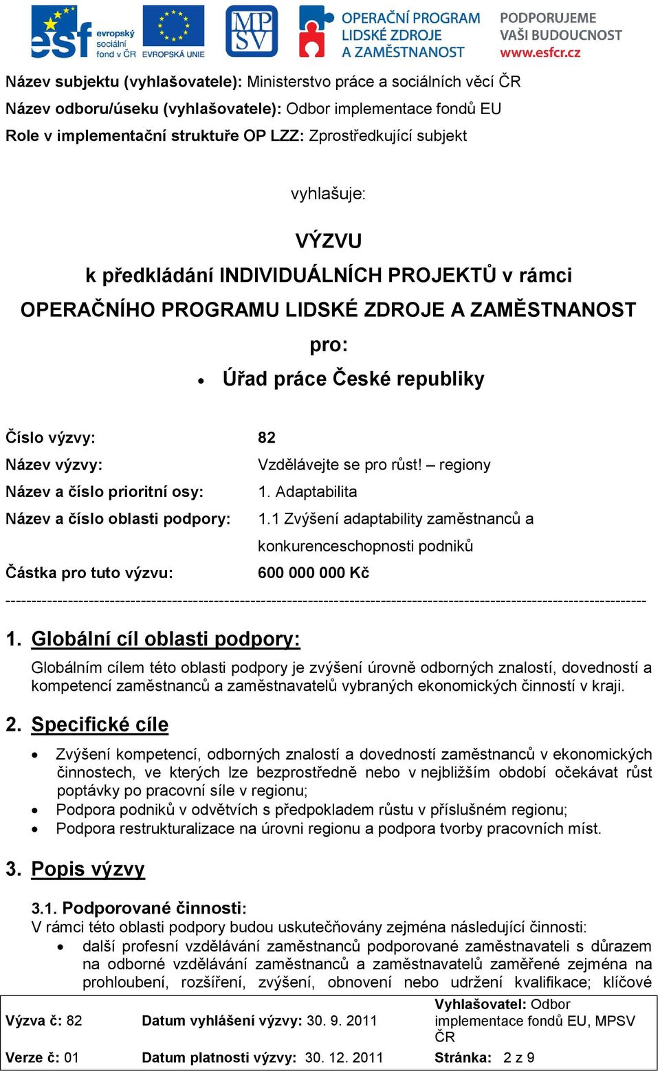 osy: Název a číslo oblasti podpory: Částka pro tuto výzvu: Vzdělávejte se pro růst! regiony 1. Adaptabilita 1.