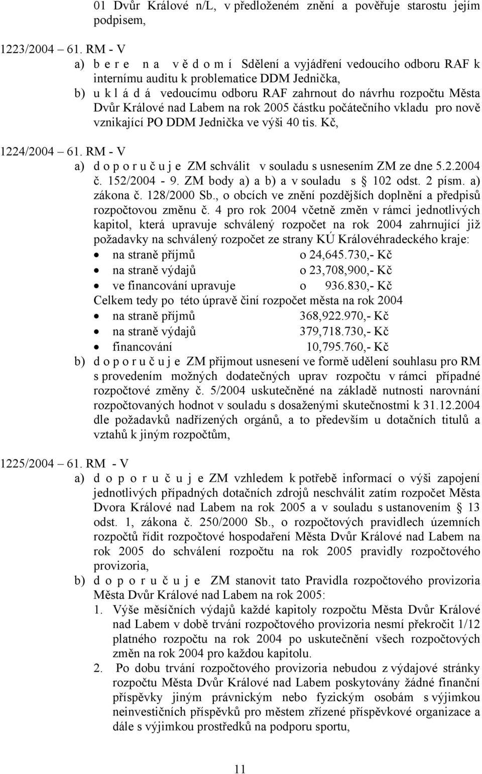 Králové nad Labem na rok 2005 částku počátečního vkladu pro nově vznikající PO DDM Jednička ve výši 40 tis. Kč, 1224/2004 61.