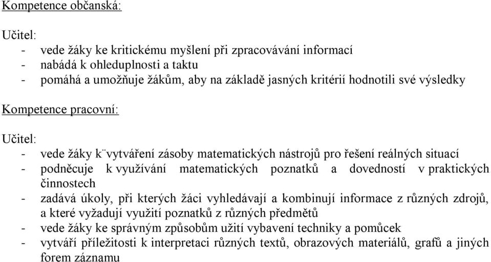 matematických poznatků a dovedností v praktických činnostech - zadává úkoly, při kterých žáci vyhledávají a kombinují informace z různých zdrojů, a které vyžadují využití