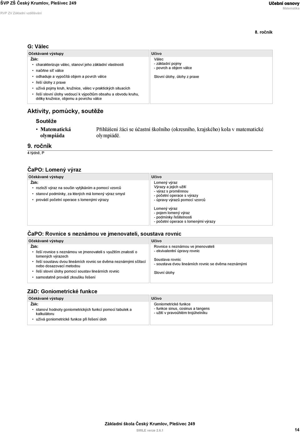 Soutěže Matematická olympiáda Přihlášení žáci se účastní školního (okresního, krajského) kola v matematické olympiádě. 9.