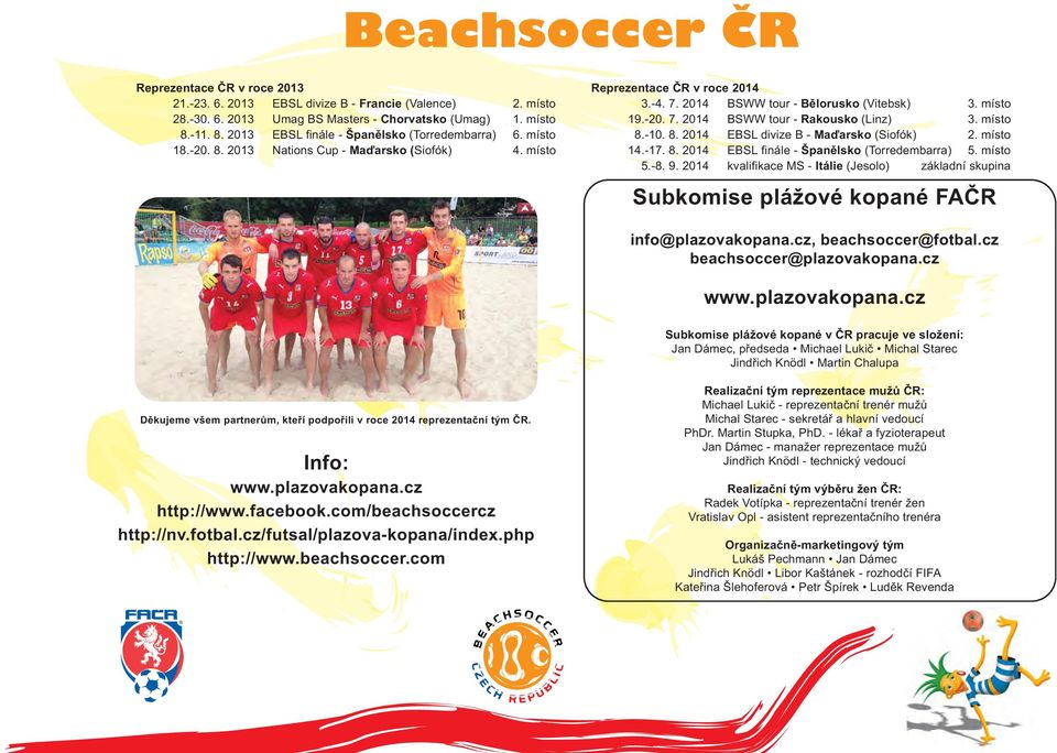 místo 19.-20. 7. 2014 BSWW tour - Rakousko (Linz) 3. místo 8.-10. 8. 2014 EBSL divize B - Maďarsko (Siofók) 2. místo 14.-17. 8. 2014 EBSL finále - Španělsko (Torredembarra) 5. místo 5.-8. 9.