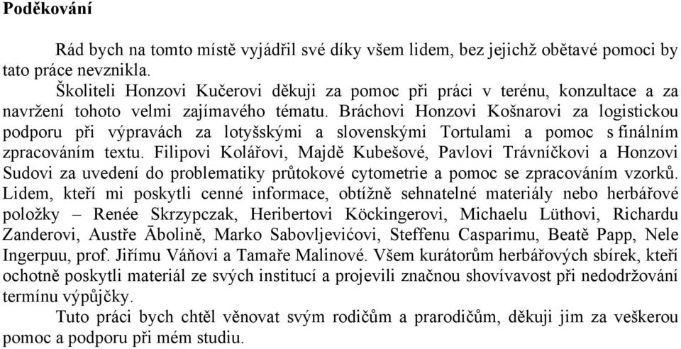 Bráchovi Honzovi Košnarovi za logistickou podporu při výpravách za lotyšskými a slovenskými Tortulami a pomoc s finálním zpracováním textu.