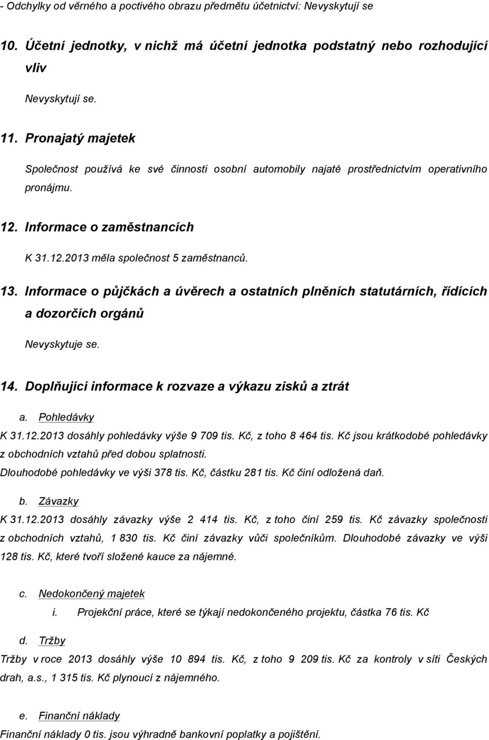 Informace o půjčkách a úvěrech a ostatních plněních statutárních, řídících a dozorčích orgánů Nevyskytuje se. 14. Doplňující informace k rozvaze a výkazu zisků a ztrát a. Pohledávky K 31.12.