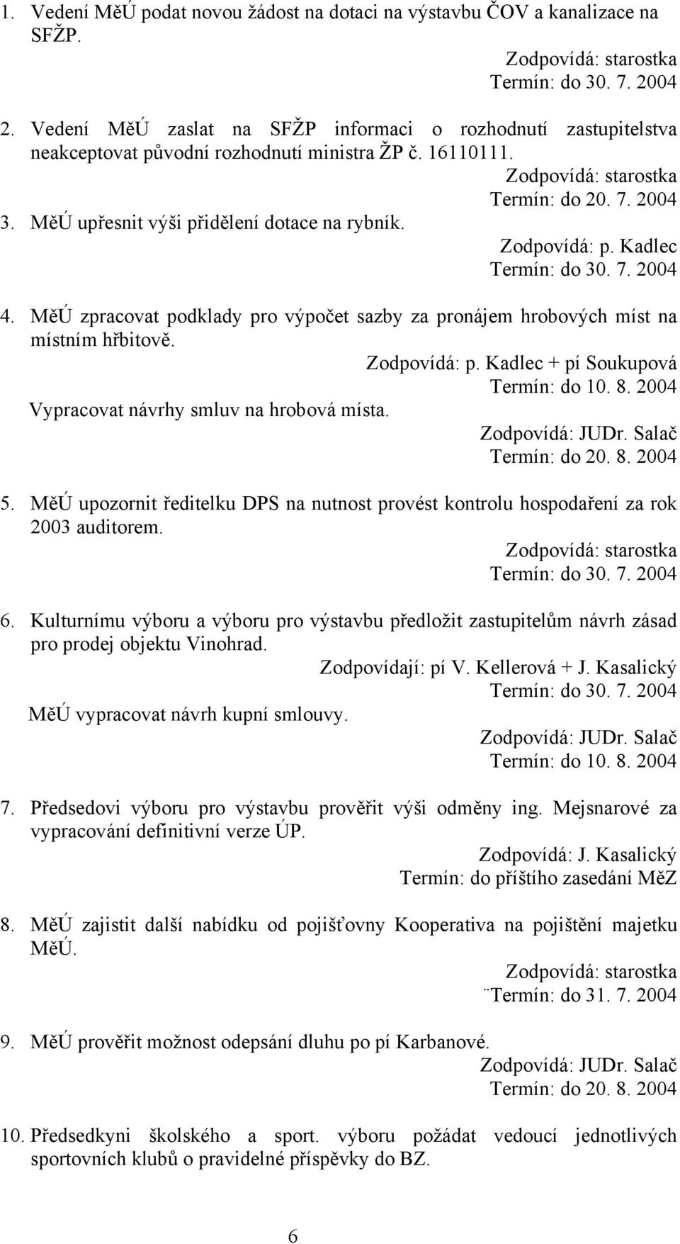 Zodpovídá: p. Kadlec + pí Soukupová Termín: do 10. 8. 2004 Vypracovat návrhy smluv na hrobová místa. Zodpovídá: JUDr. Salač Termín: do 20. 8. 2004 5.