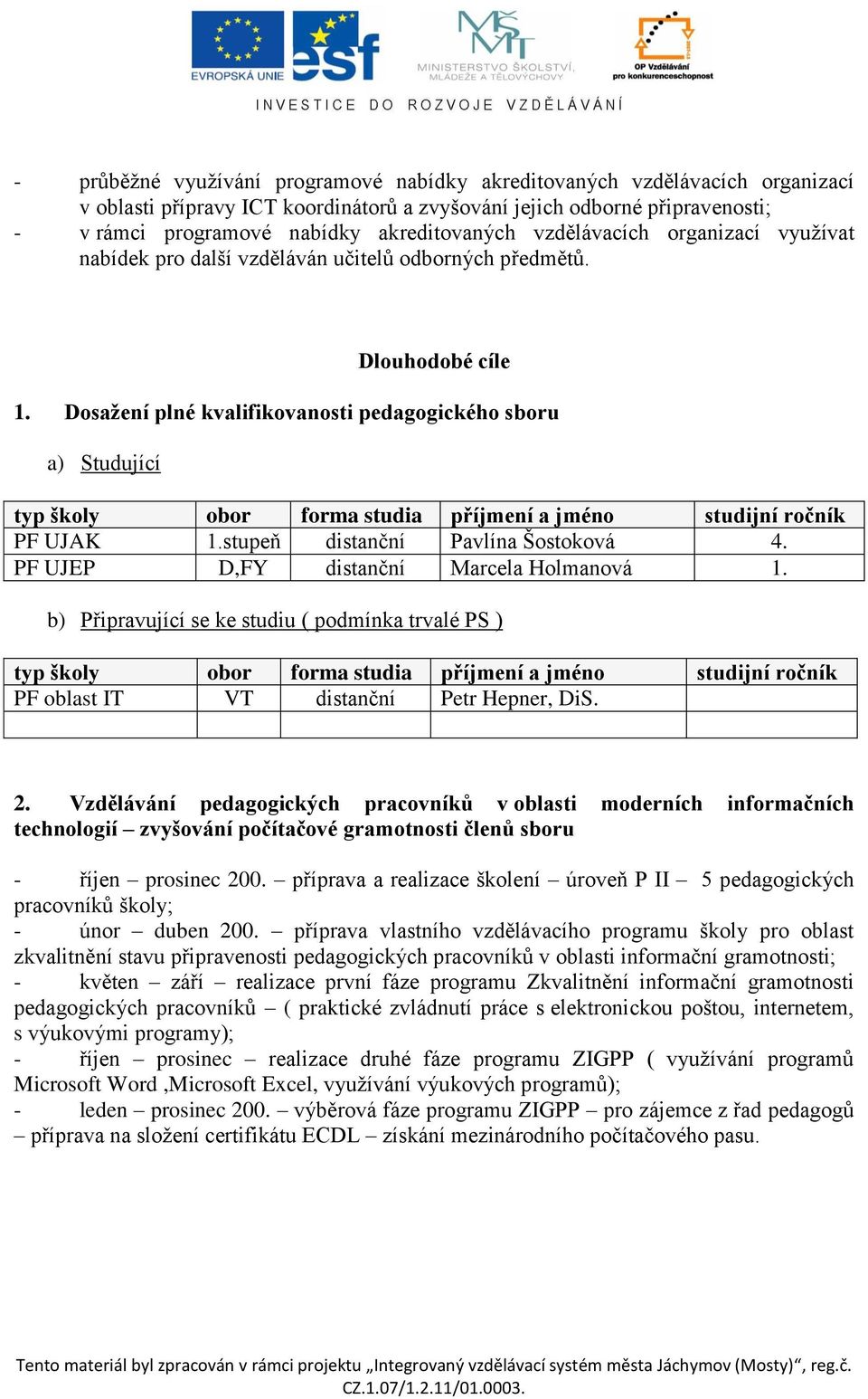 Dosažení plné kvalifikovanosti pedagogického sboru a) Studující typ školy obor forma studia příjmení a jméno studijní ročník PF UJAK 1.stupeň distanční Pavlína Šostoková 4.