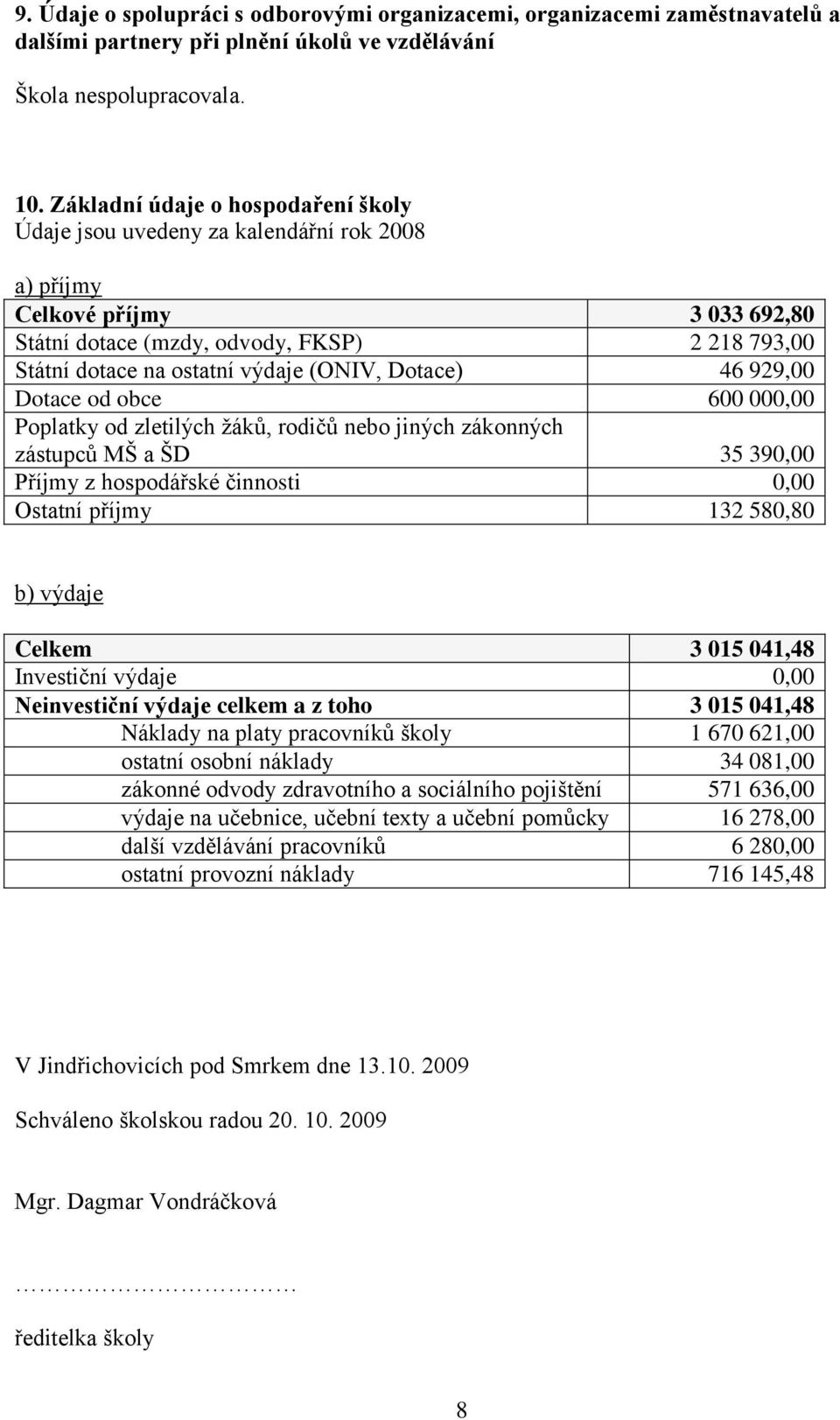 (ONIV, Dotace) 46 929,00 Dotace od obce 600 000,00 Poplatky od zletilých ţáků, rodičů nebo jiných zákonných zástupců MŠ a ŠD 35 390,00 Příjmy z hospodářské činnosti 0,00 Ostatní příjmy 132 580,80 b)