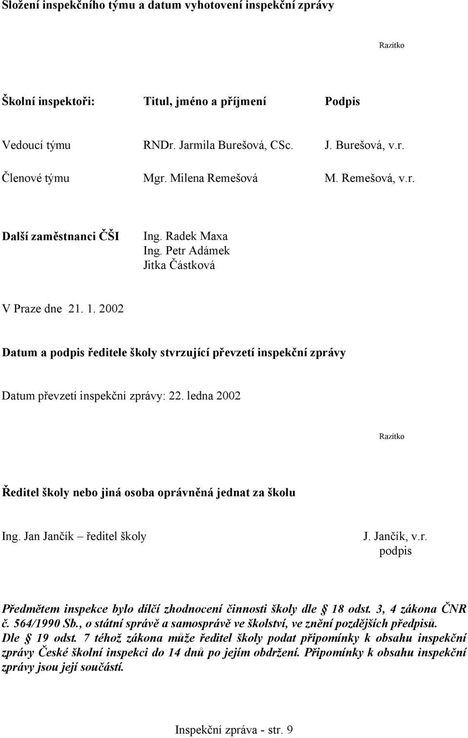2002 Datum a podpis ředitele školy stvrzující převzetí inspekční zprávy Datum převzetí inspekční zprávy: 22. ledna 2002 Razítko Ředitel školy nebo jiná osoba oprávněná jednat za školu Ing.