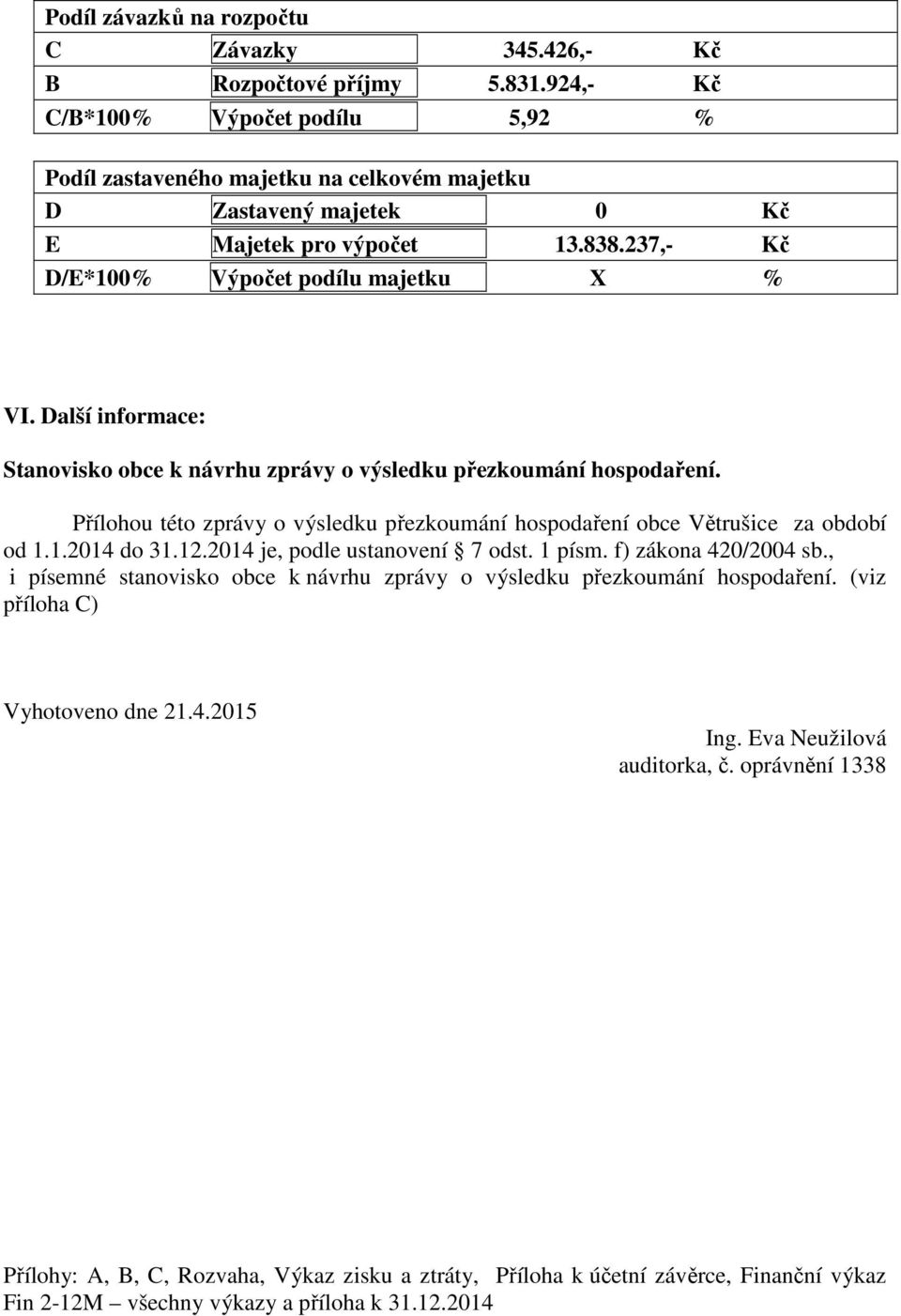 Další informace: Stanovisko obce k návrhu zprávy o výsledku přezkoumání hospodaření. Přílohou této zprávy o výsledku přezkoumání hospodaření obce Větrušice za období od 1.1.2014 do 31.12.