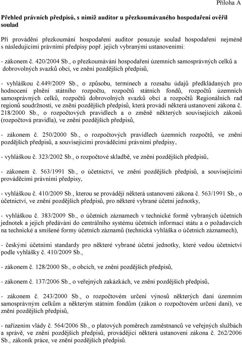 , o přezkoumávání hospodaření územních samosprávných celků a dobrovolných svazků obcí, ve znění pozdějších předpisů, - vyhláškou č.449/2009 Sb.