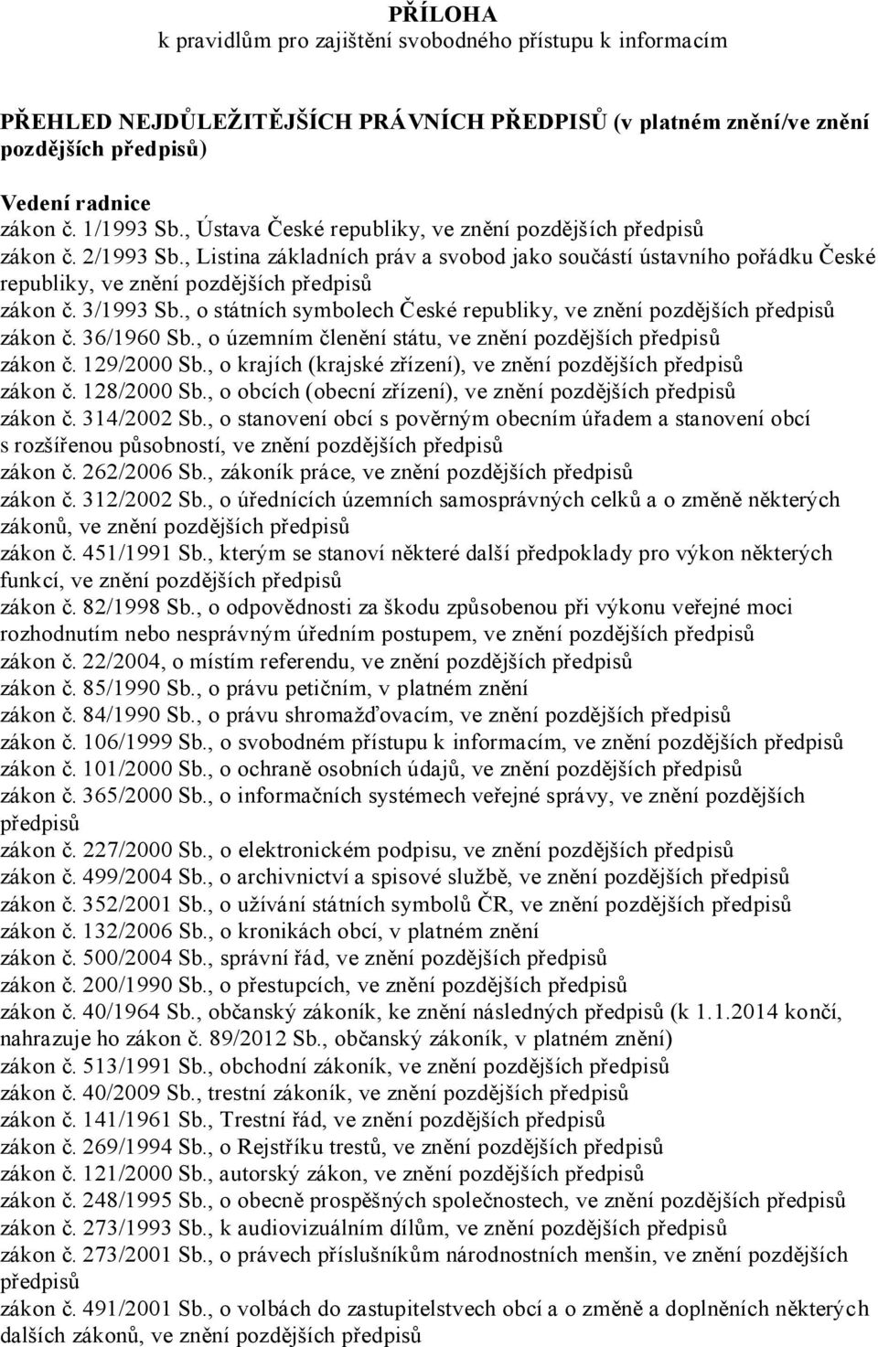 , o státních symbolech České republiky, ve znění zákon č. 36/1960 Sb., o územním členění státu, ve znění zákon č. 129/2000 Sb., o krajích (krajské zřízení), ve znění zákon č. 128/2000 Sb.