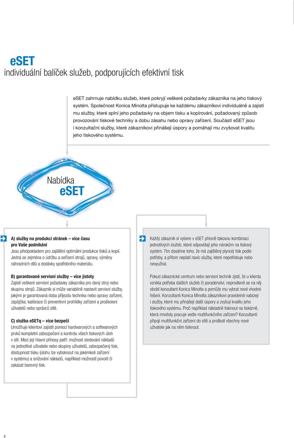 dobu zásahu nebo opravy zařízení. Součástí eset jsou i konzultační služby, které zákazníkovi přinášejí úspory a pomáhají mu zvyšovat kvalitu jeho tiskového systému.