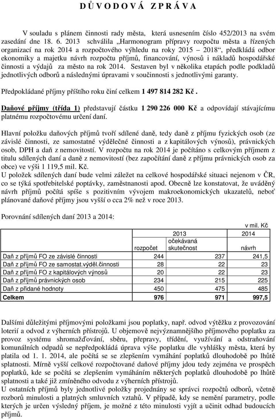 výnosů i nákladů hospodářské činnosti a výdajů za město na rok 2014. Sestaven byl v několika etapách podle podkladů jednotlivých odborů a následnými úpravami v součinnosti s jednotlivými garanty.