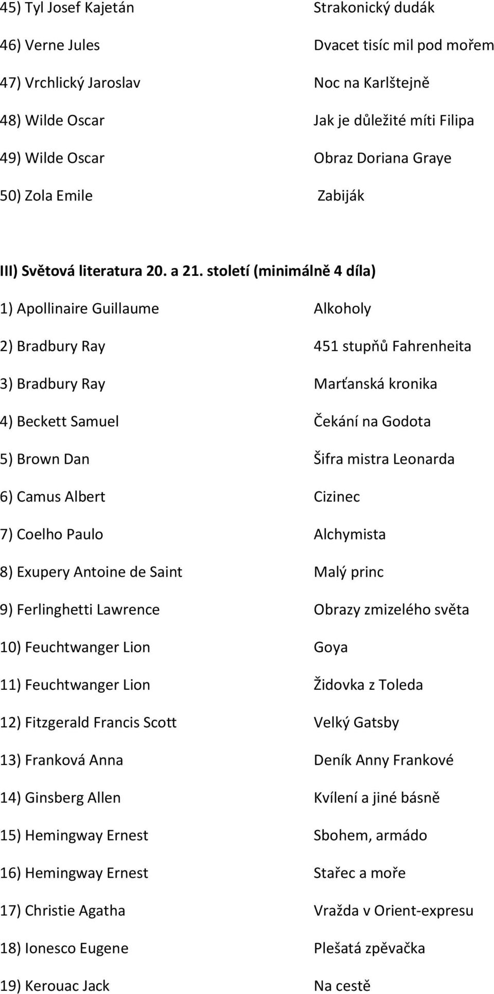 století (minimálně 4 díla) 1) Apollinaire Guillaume Alkoholy 2) Bradbury Ray 451 stupňů Fahrenheita 3) Bradbury Ray Marťanská kronika 4) Beckett Samuel Čekání na Godota 5) Brown Dan Šifra mistra