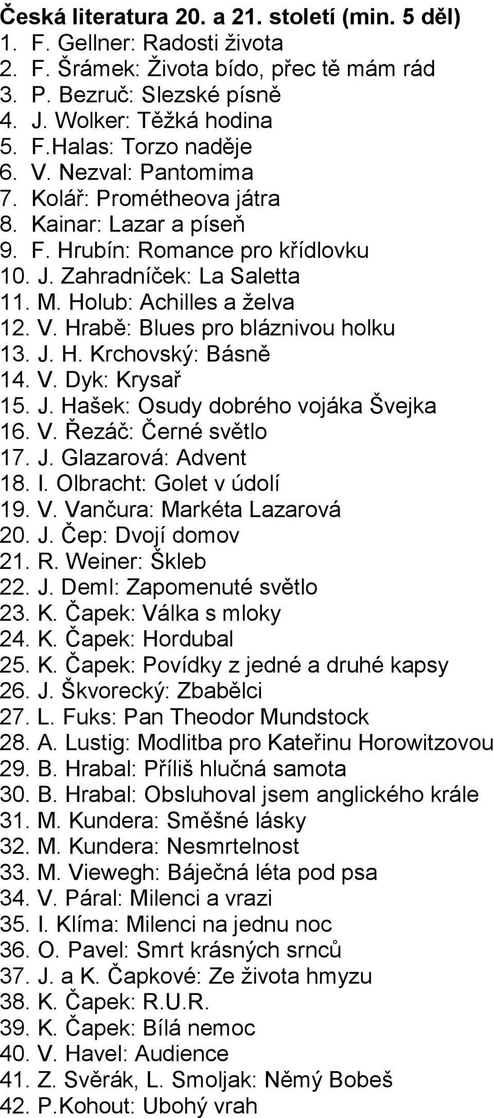 Hrabě: Blues pro bláznivou holku 13. J. H. Krchovský: Básně 14. V. Dyk: Krysař 15. J. Hašek: Osudy dobrého vojáka Švejka 16. V. Řezáč: Černé světlo 17. J. Glazarová: Advent 18. I.