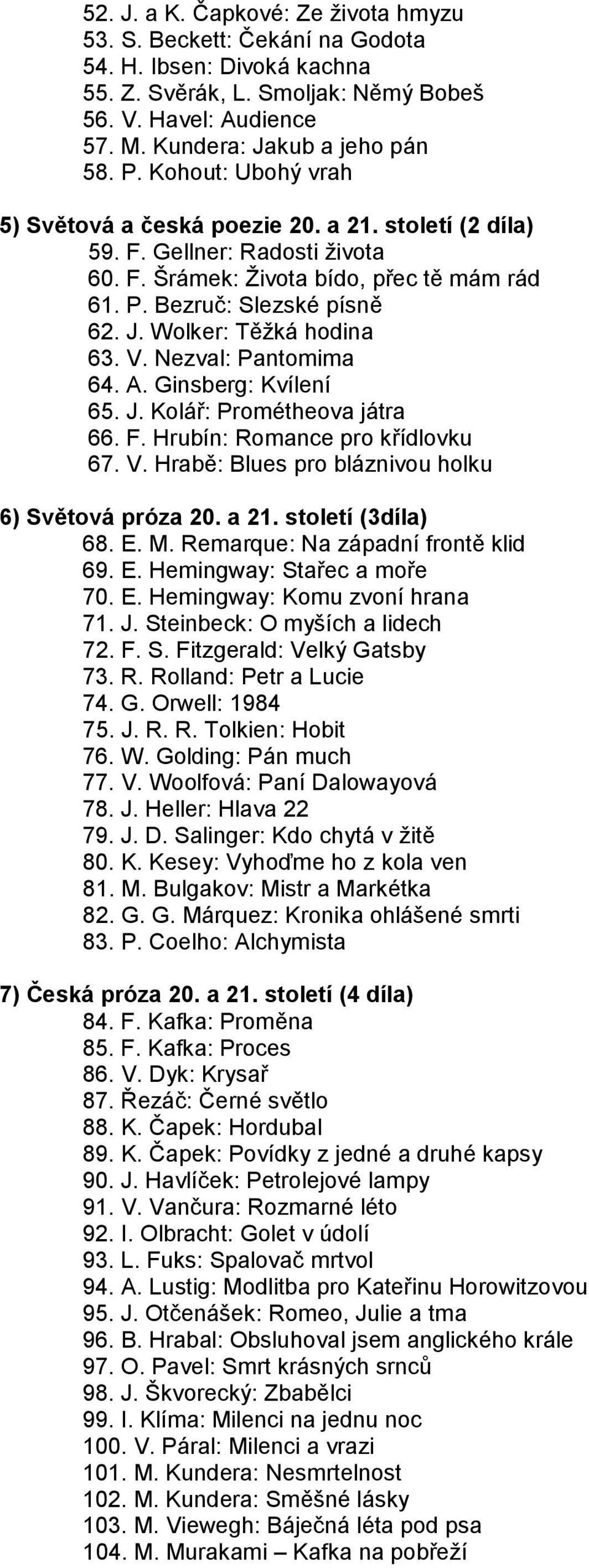 Wolker: Těžká hodina 63. V. Nezval: Pantomima 64. A. Ginsberg: Kvílení 65. J. Kolář: Prométheova játra 66. F. Hrubín: Romance pro křídlovku 67. V. Hrabě: Blues pro bláznivou holku 6) Světová próza 20.