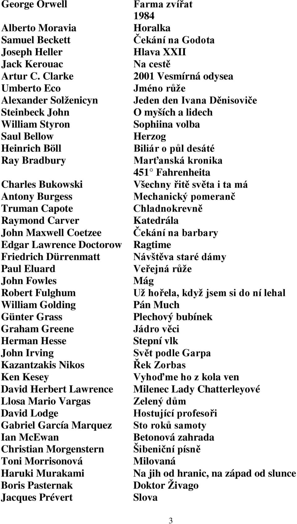 Lawrence Doctorow Friedrich Dürrenmatt Paul Eluard John Fowles Robert Fulghum William Golding Günter Grass Graham Greene Herman Hesse John Irving Kazantzakis Nikos Ken Kesey David Herbert Lawrence