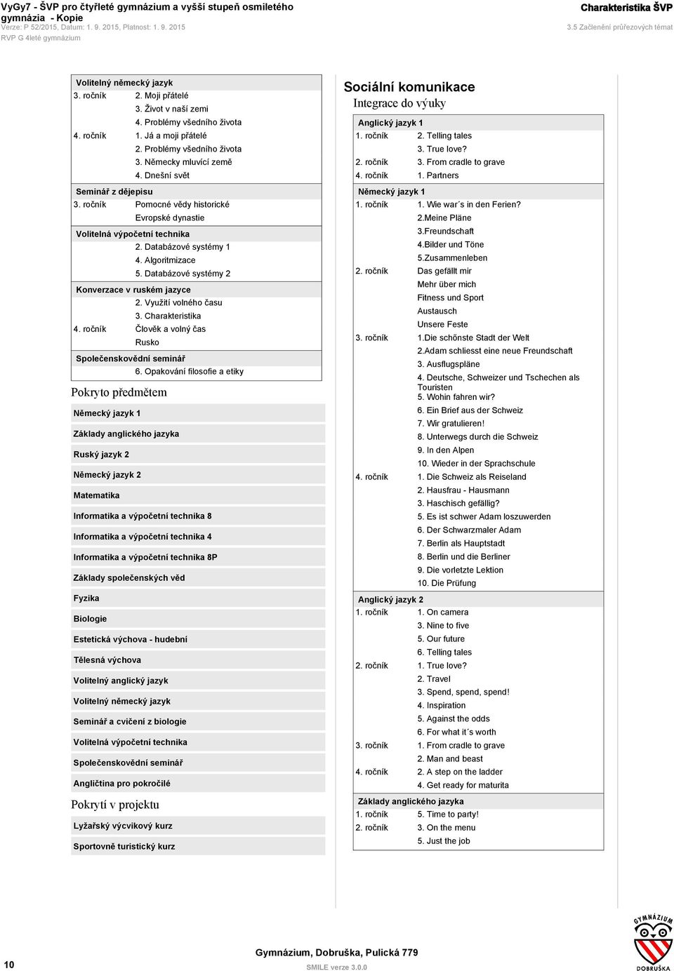 Algoritmizace 5. Databázové systémy 2 Konverzace v ruském jazyce 2. Využití volného času 3. Charakteristika 4. ročník Člověk a volný čas Rusko Společenskovědní seminář 6.