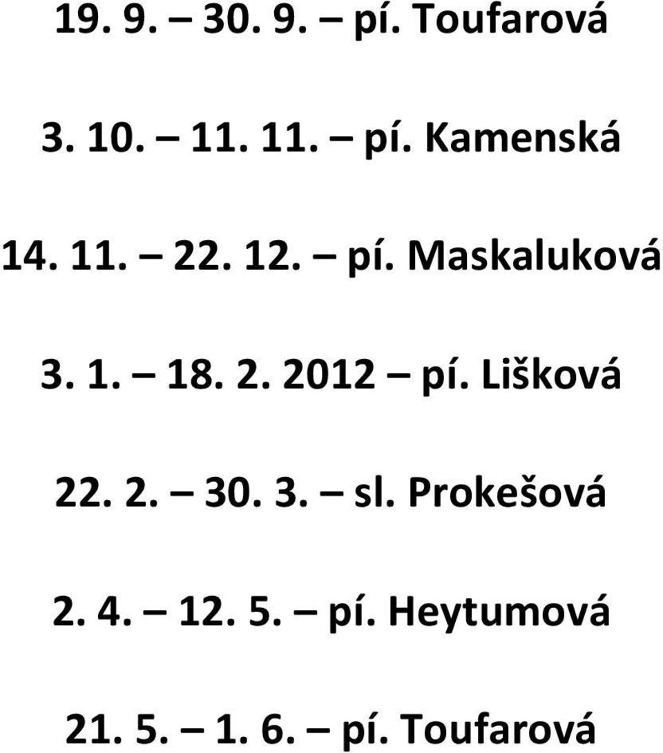 Lišková 22. 2. 30. 3. sl. Prokešová 2. 4. 12. 5.