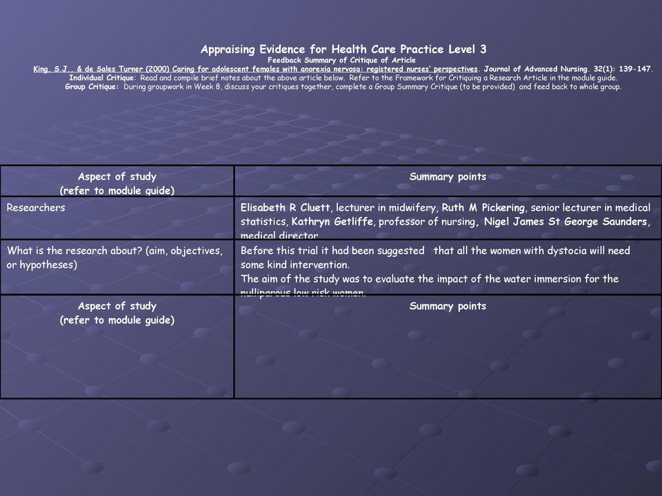 Individual Critique: Read and compile brief notes about the above article below. Refer to the Framework for Critiquing a Research Article in the module guide.