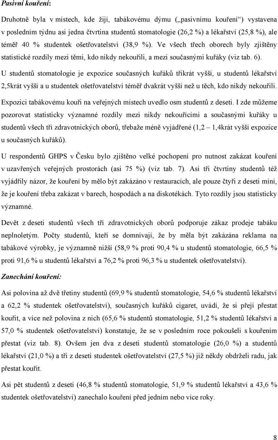 U studentů stomatologie je expozice současných kuřáků třikrát vyšší, u studentů lékařství 2,5krát vyšší a u studentek ošetřovatelství téměř dvakrát vyšší než u těch, kdo nikdy nekouřili.