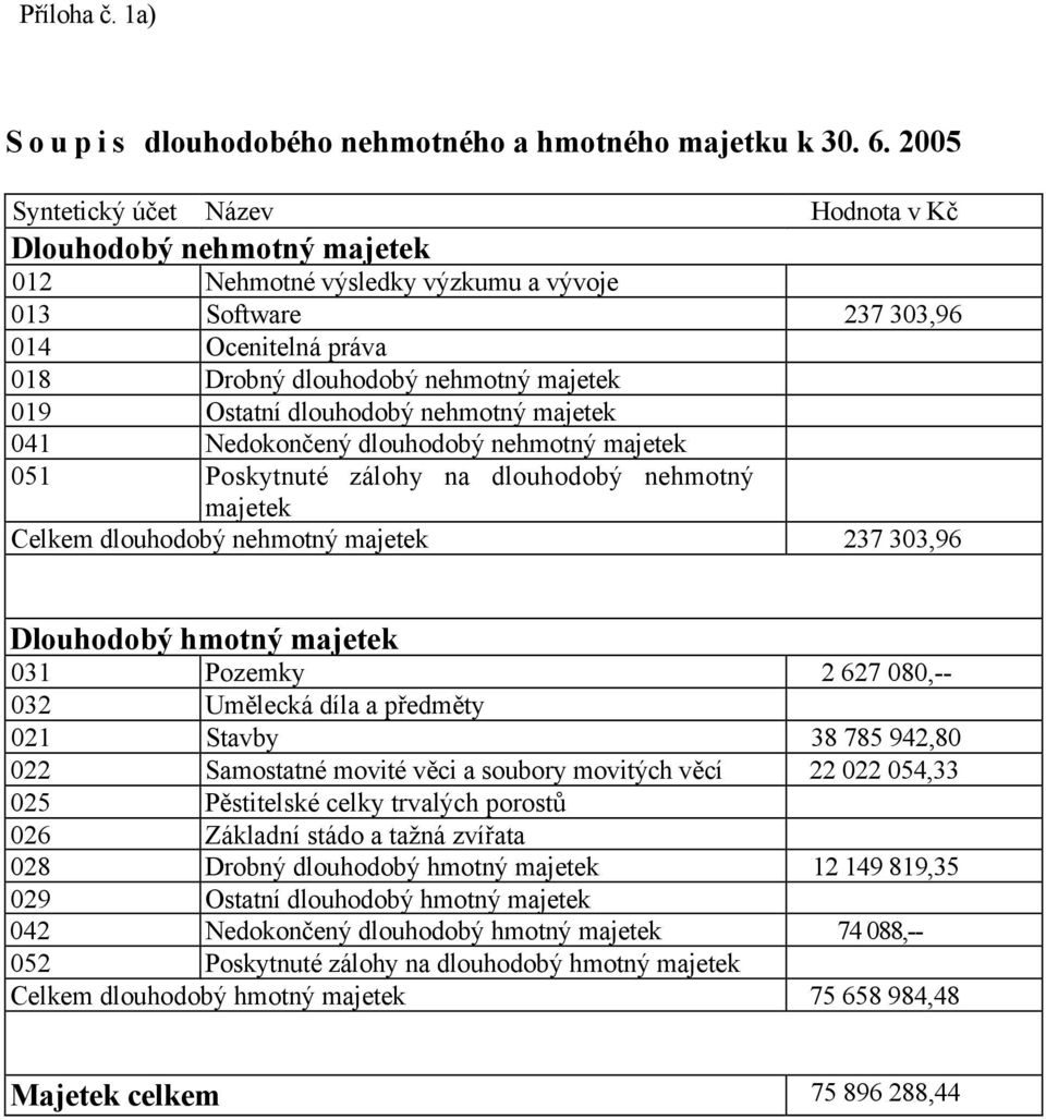 Ostatní dlouhodobý nehmotný majetek 041 Nedokončený dlouhodobý nehmotný majetek 051 Poskytnuté zálohy na dlouhodobý nehmotný majetek Celkem dlouhodobý nehmotný majetek 237 303,96 Dlouhodobý hmotný