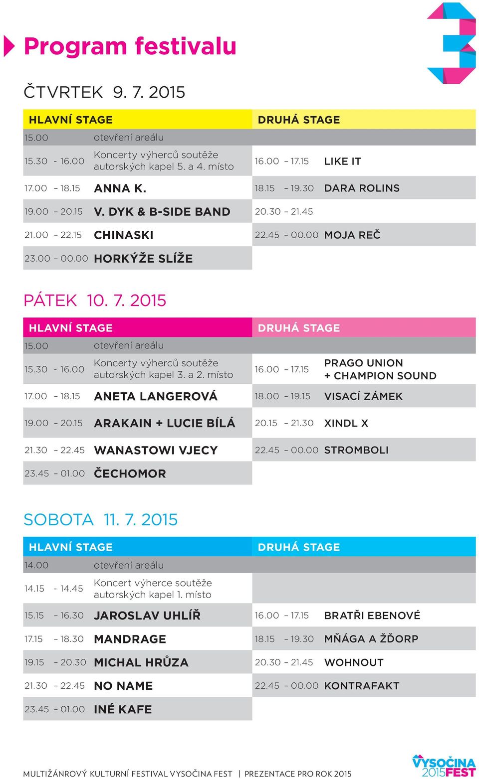 00 Koncerty výherců soutěže autorských kapel 3. a 2. místo DRUHÁ STAGE 16.00 17.15 PRAGO UNION + CHAMPION SOUND 17.00 18.15 ANETA LANGEROVÁ 18.00 19.15 VISACÍ ZÁMEK 19.00 20.