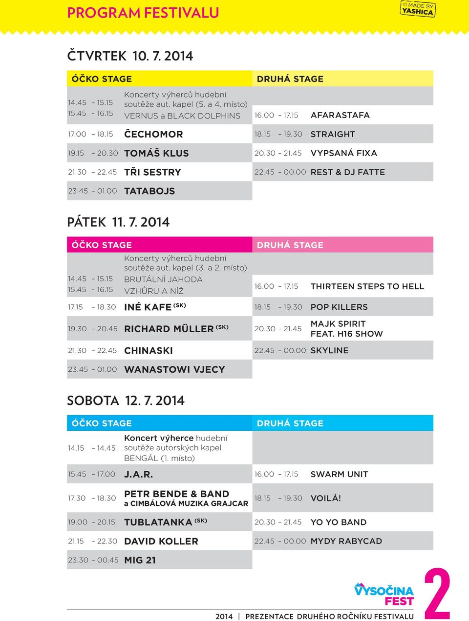 2014 ÓČKO STAGE Koncerty výherců hudební soutěže aut. kapel (3. a 2. místo) 14.45 15.15 BRUTÁLNÍ JAHODA 15.45-16.15 VZHŮRU A NÍŽ DRUHÁ STAGE 16.00 17.15 THIRTEEN STEPS TO HELL 17.15 18.