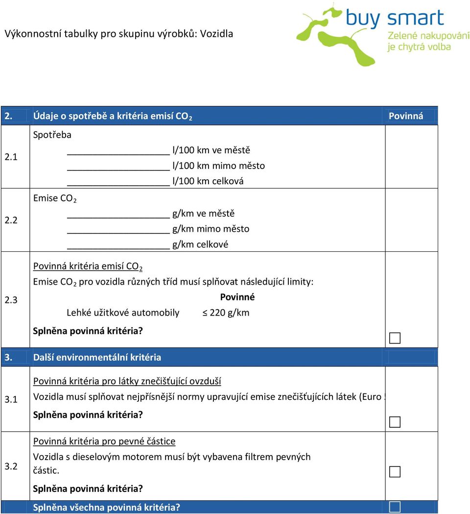 3 Povinná kritéria emisí CO 2 Emise CO 2 pro vozidla různých tříd musí splňovat následující limity: Povinné Lehké užitkové automobily 220 g/km 3.