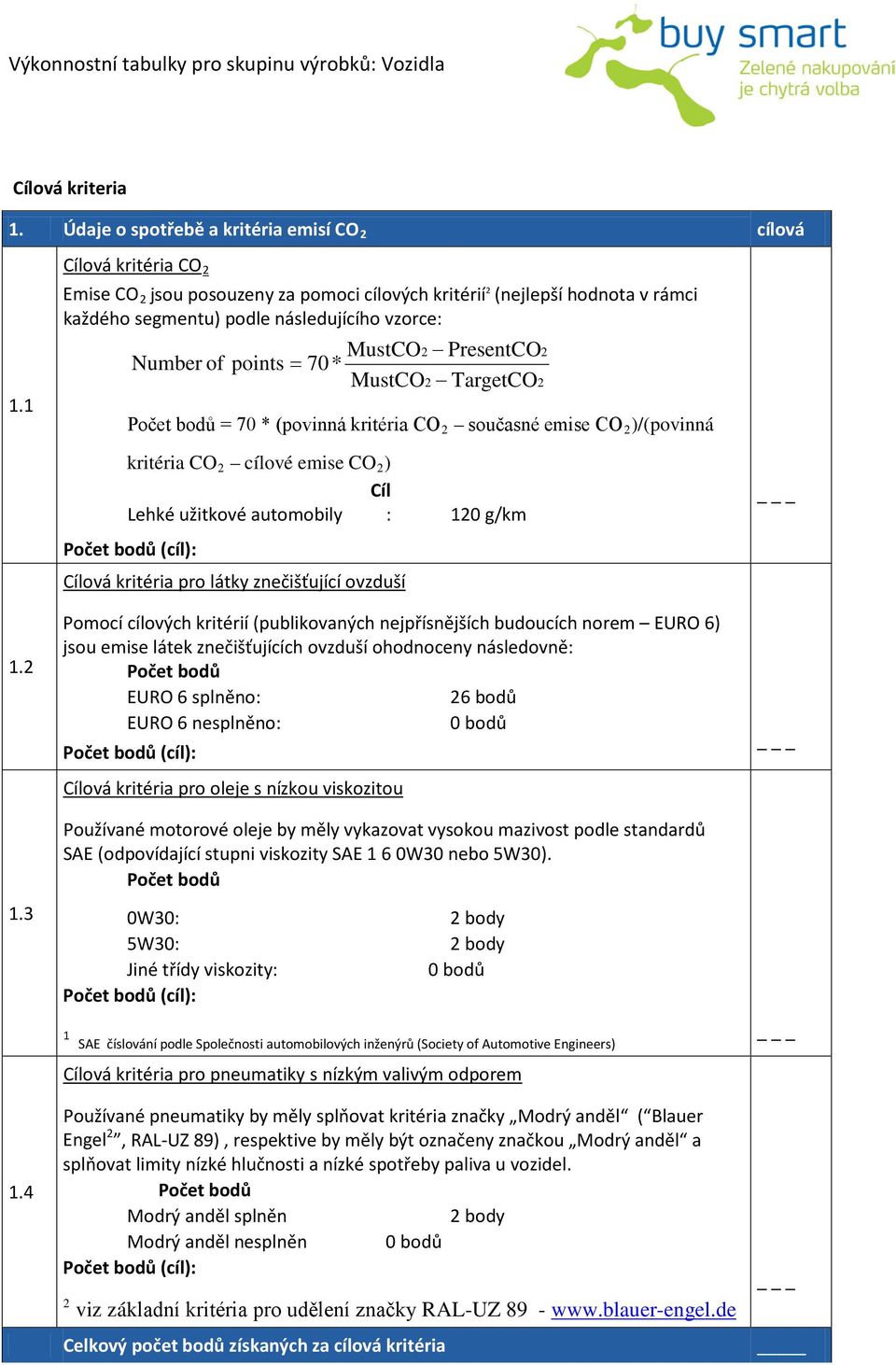 TargetCO2 = 70 * (povinná kritéria CO 2 současné emise CO 2 )/(povinná 2 1.2 1.3 1.