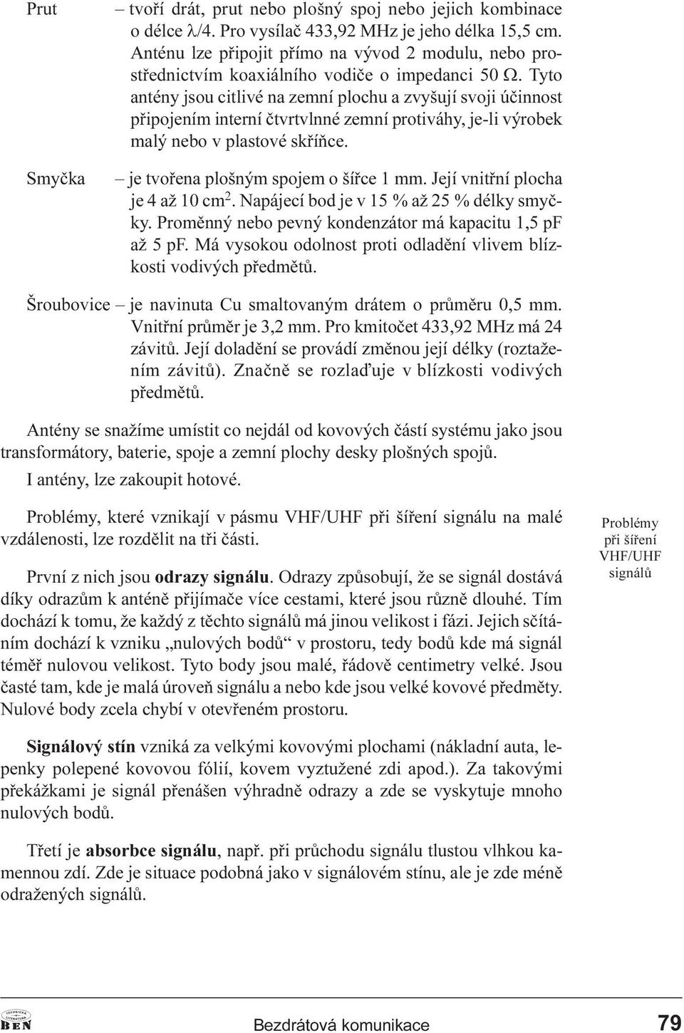 tvoøena plošným spojem o šíøce 1 mm Její vnitøní plocha je 4 až 10 cm 2 Napájecí bod je v 15 % až 25 % délky smyèky Promìnný nebo pevný kondenzátor má kapacitu 1,5 pf až 5 pf Má vysokou odolnost
