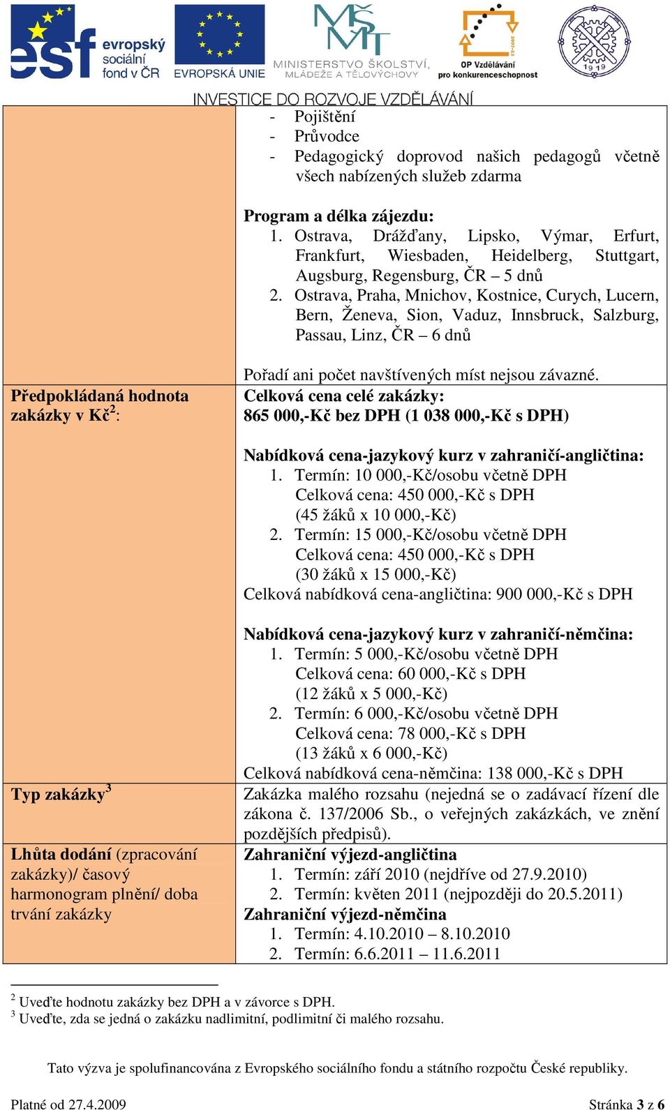 Ostrava, Praha, Mnichov, Kostnice, Curych, Lucern, Bern, Ženeva, Sion, Vaduz, Innsbruck, Salzburg, Passau, Linz, ČR 6 dnů Předpokládaná hodnota zakázky v Kč 2 : Pořadí ani počet navštívených míst