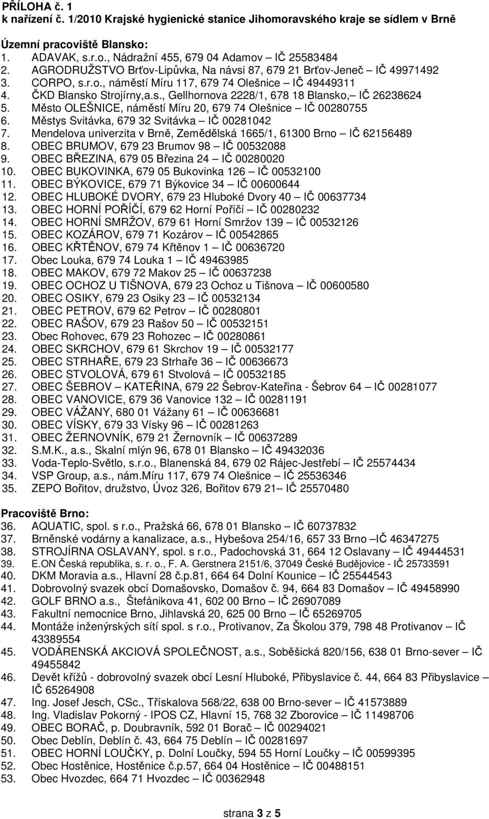 Město OLEŠNICE, náměstí Míru 20, 679 74 Olešnice IČ 00280755 6. Městys Svitávka, 679 32 Svitávka IČ 00281042 7. Mendelova univerzita v Brně, Zemědělská 1665/1, 61300 Brno IČ 62156489 8.