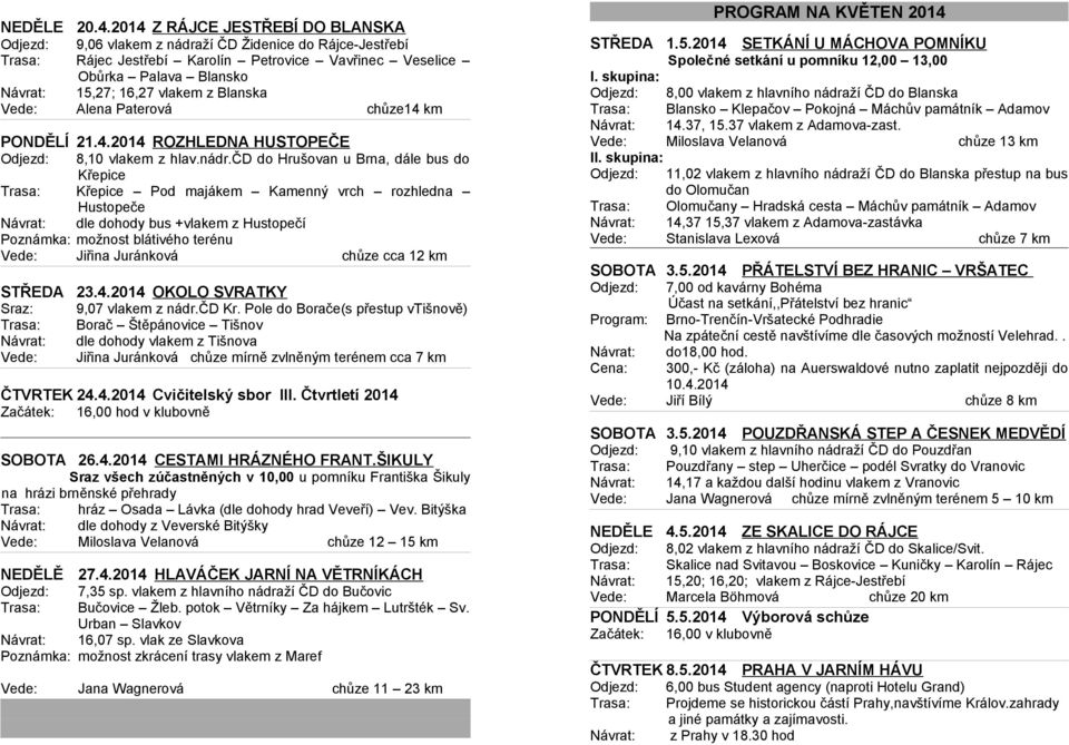 vlakem z Blanska Vede: Alena Paterová chůze14 km PONDĚLÍ 21.4.2014 ROZHLEDNA HUSTOPEČE Odjezd: 8,10 vlakem z hlav.nádr.