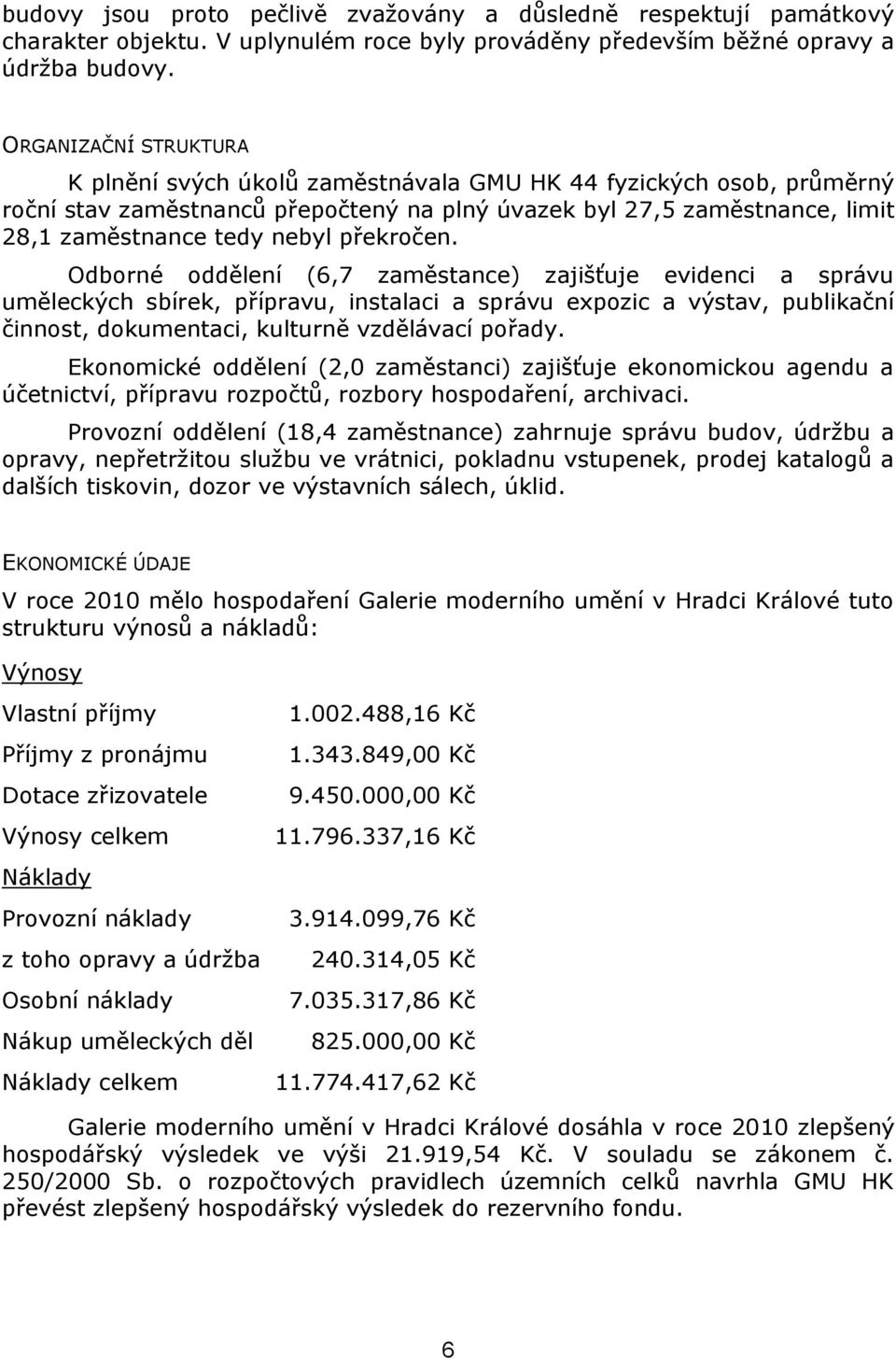 překročen. Odborné oddělení (6,7 zaměstance) zajišťuje evidenci a správu uměleckých sbírek, přípravu, instalaci a správu expozic a výstav, publikační činnost, dokumentaci, kulturně vzdělávací pořady.