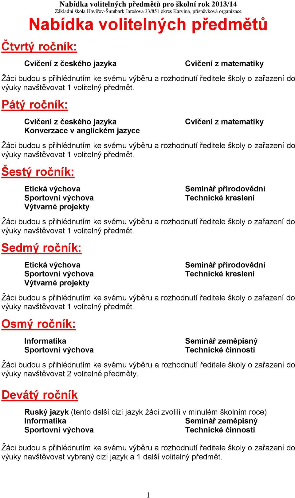 Šestý ročník: Etická výchova Sportovní výchova Výtvarné projekty Seminář přírodovědní Technické kreslení výuky navštěvovat 1 volitelný předmět.