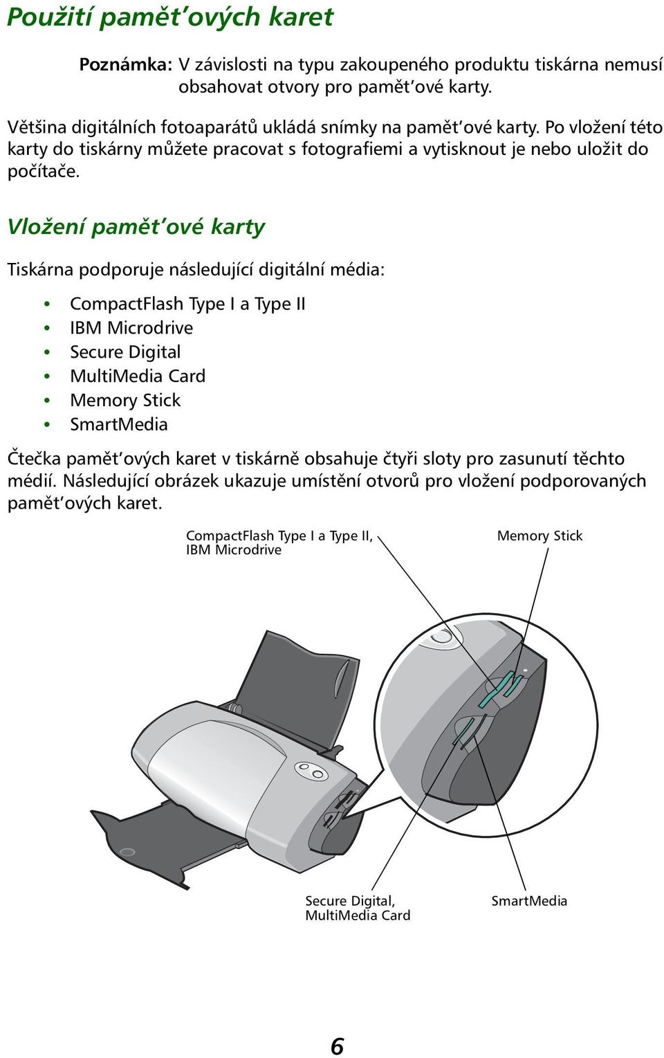 Vložení pamět ové karty Tiskárna podporuje následující digitální média: CompactFlash Type I a Type II IBM Microdrive Secure Digital MultiMedia Card Memory Stick SmartMedia Čtečka pamět