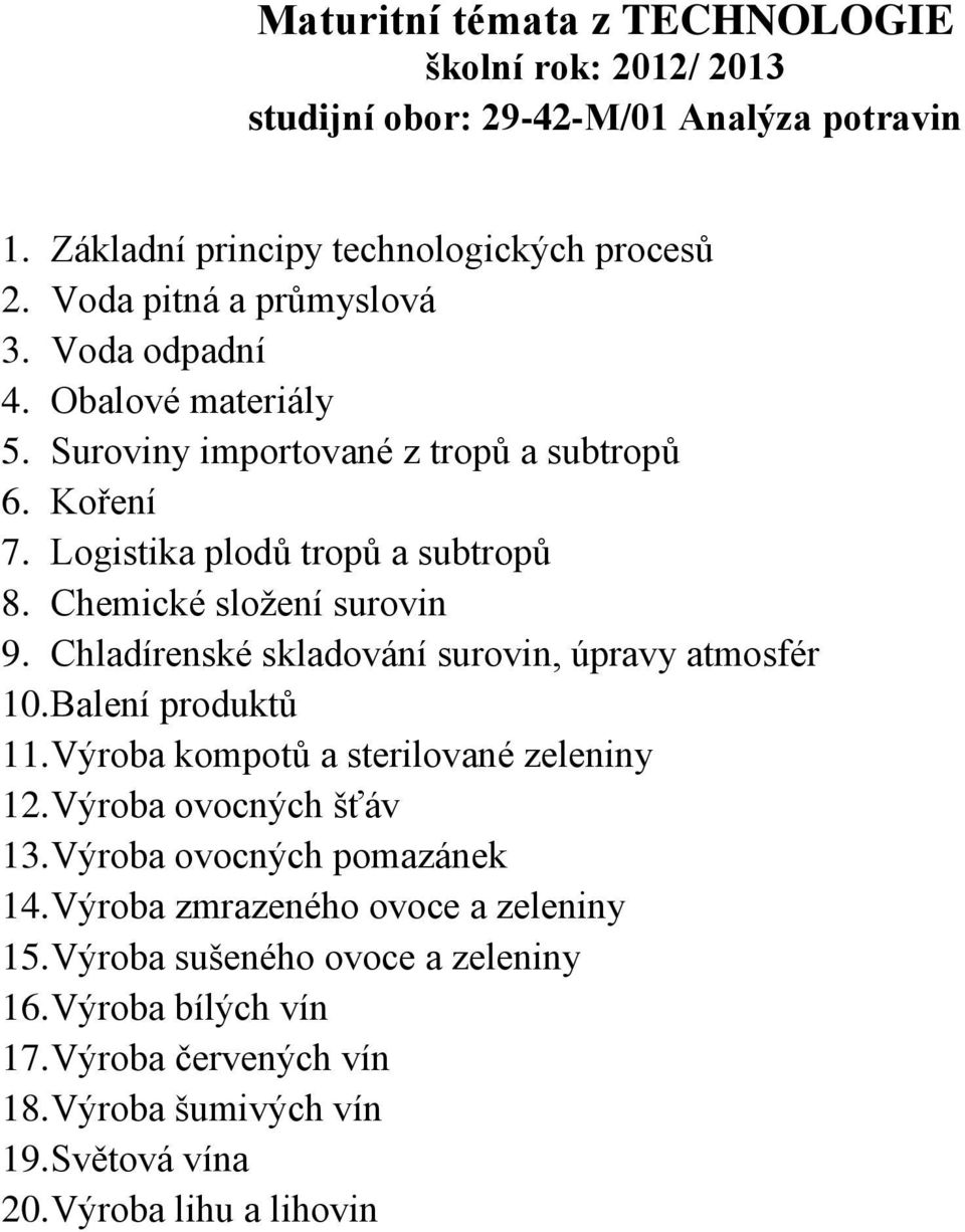 Chladírenské skladování surovin, úpravy atmosfér 10. Balení produktů 11. Výroba kompotů a sterilované zeleniny 12. Výroba ovocných šťáv 13. Výroba ovocných pomazánek 14.