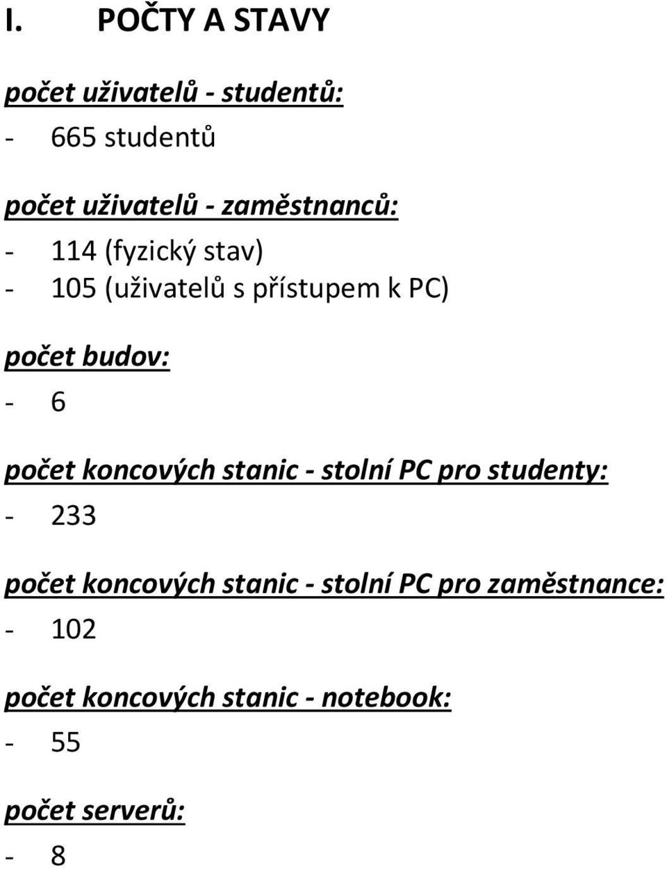 6 počet koncových stanic - stolní PC pro studenty: - 233 počet koncových stanic -