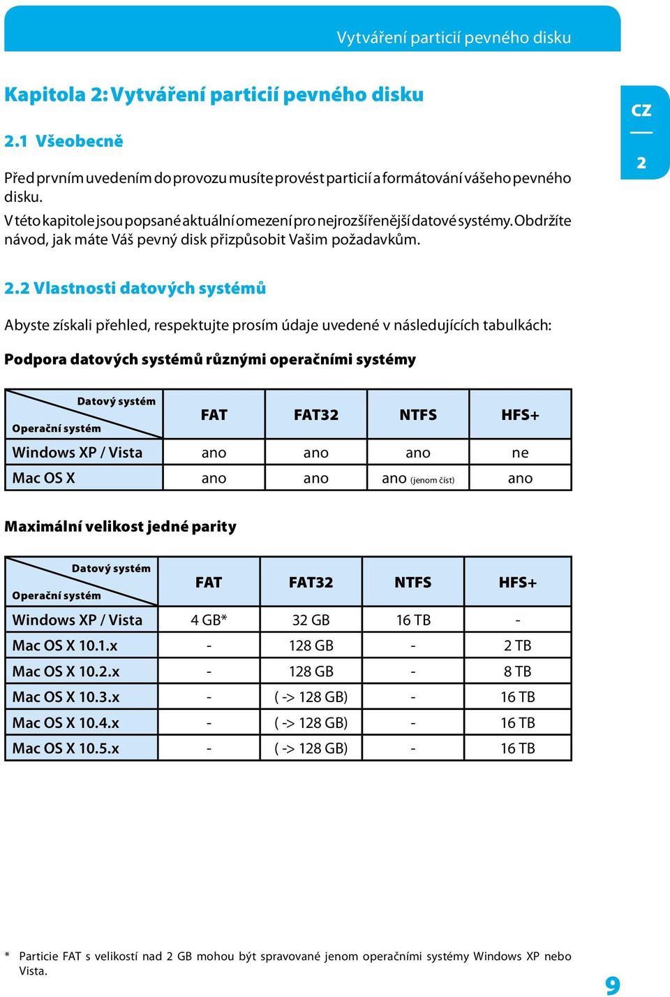 . Vlastnosti datových systémů Abyste získali přehled, respektujte prosím údaje uvedené v následujících tabulkách: Podpora datových systémů různými operačními systémy Datový systém Operační systém FAT