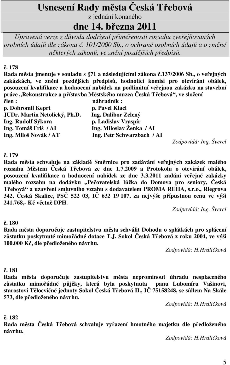 přístavba Městského muzea Česká Třebová, ve složení člen : náhradník : p. Dobromil Keprt p. Pavel Klacl JUDr. Martin Netolický, Ph.D. Ing. Dalibor Zelený Ing. Rudolf Sýkora p. Ladislav Vraspír Ing.