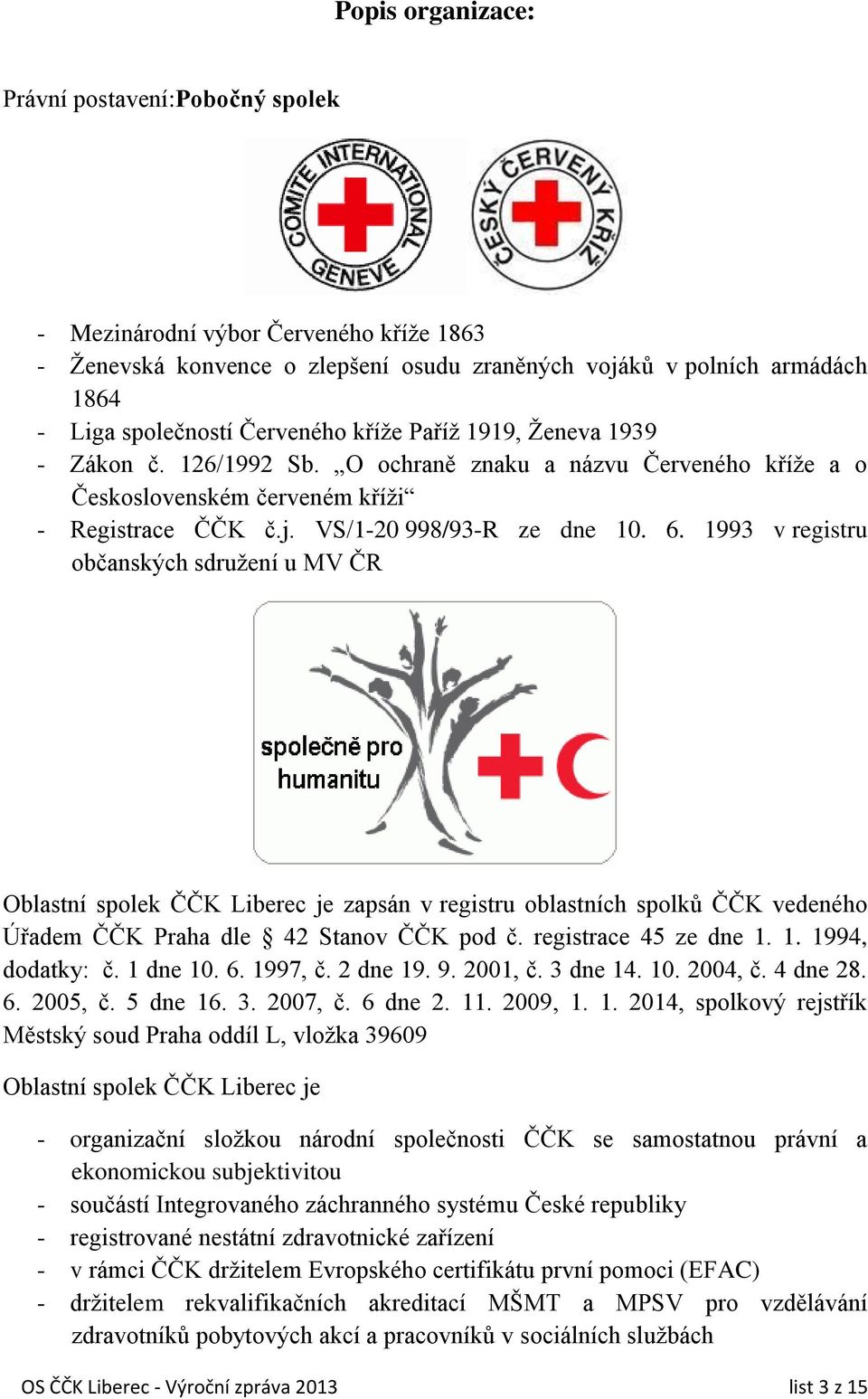 1993 v registru občanských sdruţení u MV ČR Oblastní spolek ČČK Liberec je zapsán v registru oblastních spolků ČČK vedeného Úřadem ČČK Praha dle 42 Stanov ČČK pod č. registrace 45 ze dne 1.