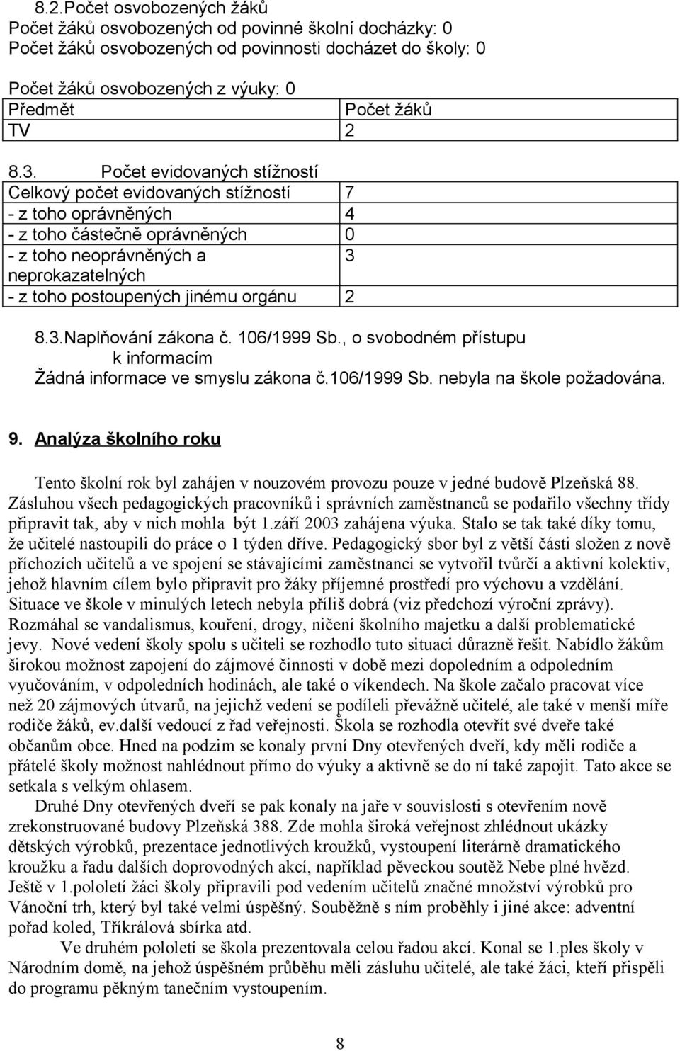 orgánu 2 8.3.Naplňování zákona č. 106/1999 Sb., o svobodném přístupu k informacím Žádná informace ve smyslu zákona č.106/1999 Sb. nebyla na škole požadována. 9.