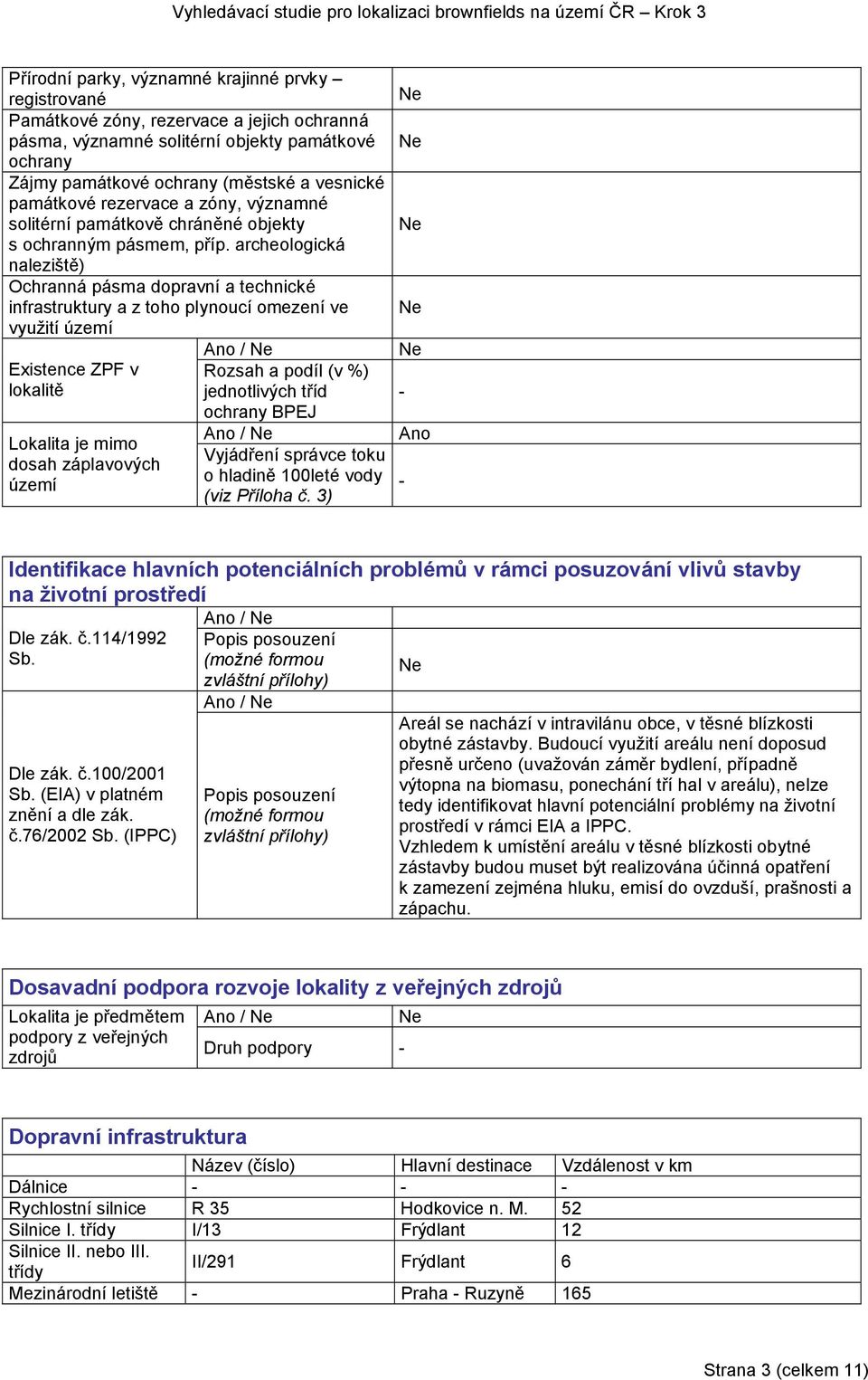 archeologická naleziště) Ochranná pásma dopravní a technické infrastruktury a z toho plynoucí omezení ve využití území Ano / Existence ZPF v Rozsah a podíl (v %) lokalitě jednotlivých tříd ochrany