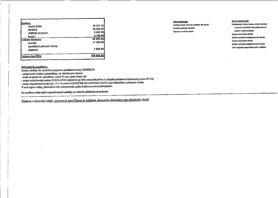 li wsdonejinsto~ kování 9799 Kč Oprava stavebnici otvorů Celkem dodávka: 90975KČ zdrženi zavininh nop$poavenozti stavby montáž 17420Kč úprava stavebnld otvorů zaměřeni a převzetí stavby - ZdrženI za.