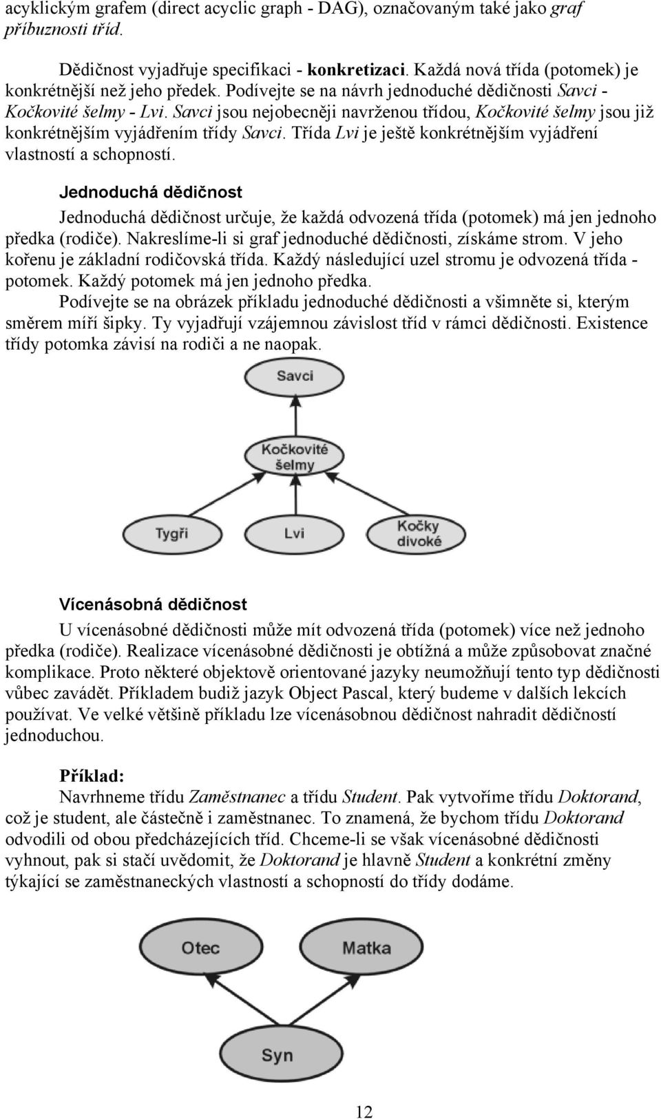 Třída Lvi je ještě konkrétnějším vyjádření vlastností a schopností. Jednoduchá dědičnost Jednoduchá dědičnost určuje, že každá odvozená třída (potomek) má jen jednoho předka (rodiče).