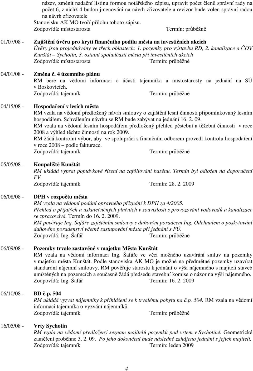 pozemky pro výstavbu RD, 2. kanalizace a ČOV Kunštát Sychotín, 3. ostatní spoluúčasti města při investičních akcích 04/01/08 - Změna č.