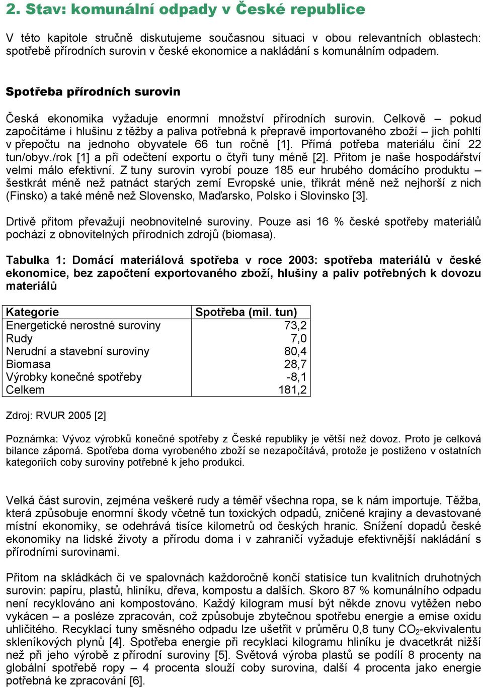 Celkově pokud započítáme i hlušinu z těžby a paliva potřebná k přepravě importovaného zboží jich pohltí v přepočtu na jednoho obyvatele 66 tun ročně [1]. Přímá potřeba materiálu činí 22 tun/obyv.