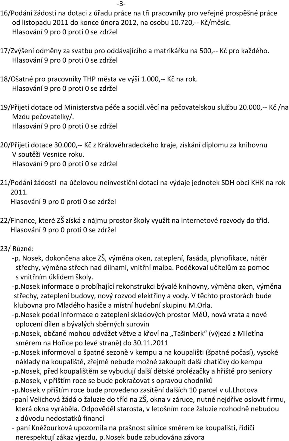 věcí na pečovatelskou službu 20.000,-- Kč /na Mzdu pečovatelky/. 20/Přijetí dotace 30.000,-- Kč z Královéhradeckého kraje, získání diplomu za knihovnu V soutěži Vesnice roku.